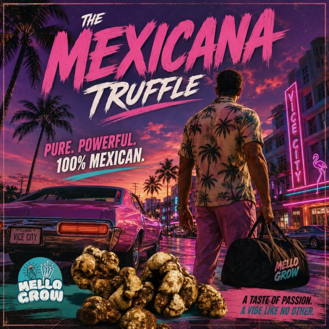 𝐓𝐇𝐄 𝐌𝐄𝐗𝐈𝐂𝐀𝐍𝐀 𝐓𝐑𝐔𝐅𝐅𝐋𝐄 🌴🇲🇽A visual journey inspired by Mexico, retro neon nights and the unmistakable Vice City aesthetic.A bold look for one of Mexico’s best-known truffle varieties, presented with a little extra Mello Grow attitude. 🍄#MelloGrow #TheMexicana #MexicanaTruffle #Mexico #ViceCityStyle #RetroAesthetic #NeonVibes #MushroomCulture #TruffleCulture